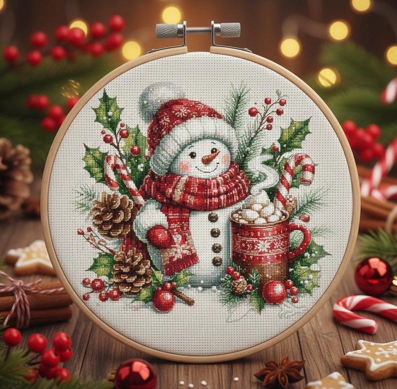 May include: A cross-stitch embroidery hoop featuring a snowman wearing a red and white hat and scarf. The snowman is holding a red mug with a hot beverage. The design includes candy canes, pine cones, and holly, all set against a festive background.