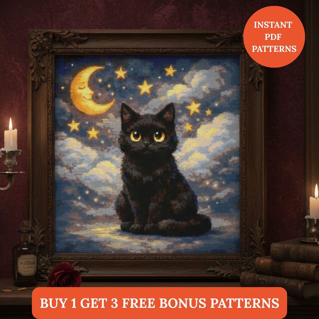 Gothic Black Cat Cross Stitch Pattern PDF Moon & Stars Embroidery ...