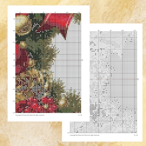 May include: A detailed cross-stitch pattern featuring a Christmas tree with red bows, gold ornaments, and green foliage. The pattern is displayed on a grid, with a separate chart showing the color key. The image includes the text "Copyright &copy; Pixels And Stitch All rights reserved".