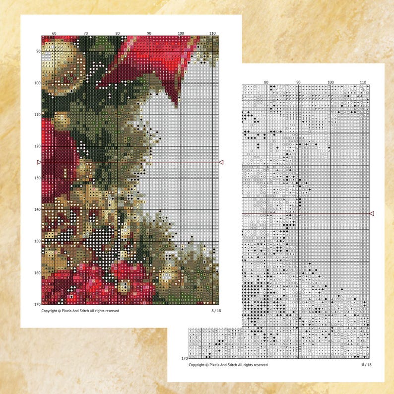 May include: A detailed cross-stitch pattern featuring a Christmas tree with red bows, gold ornaments, and green foliage. The pattern is displayed on a grid, with a separate chart showing the color key. The image includes the text "Copyright &copy; Pixels And Stitch All rights reserved".