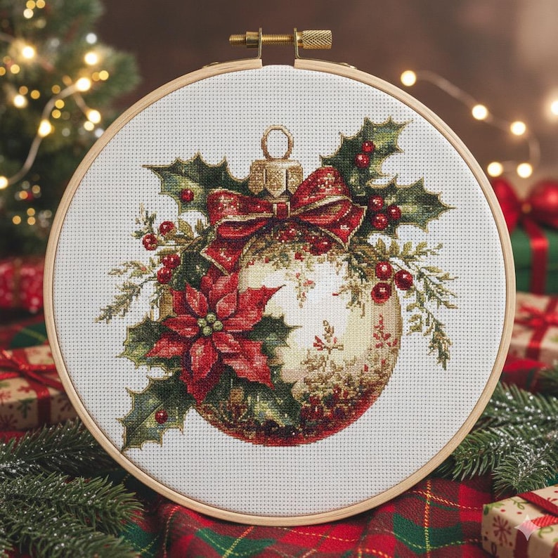 May include: A cross-stitch Christmas ornament design in a wooden hoop. The ornament features a detailed depiction of a festive bauble with a red bow, holly, berries, and a poinsettia. The color palette includes red, green, and gold.