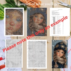 May include: An image showcasing examples of cross-stitch charts. The image includes a full-color chart, a one-page chart, a DMC thread color chart, a pattern keeper, a black and white chart, and a reference picture of a girl.