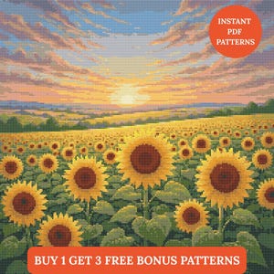 Puede incluir: Un patrón de punto de cruz de un campo de girasoles al atardecer. El cielo transita del azul al naranja y amarillo, con un sol brillante. El texto "INSTANT PDF PATTERNS" y "BUY 1 GET 3 FREE BONUS PATTERNS" está en la imagen.