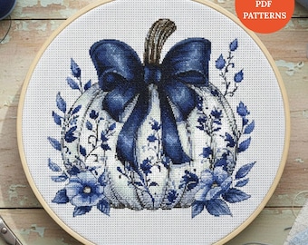 Blue Pumpkin Coquette Bow Cross Stitch Pattern | Whimsical Fall Decor PDF Digital Download punto de cruz,point de croix