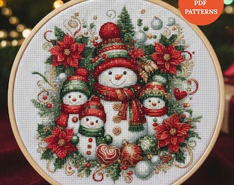 Snowman Family Cross Stitch Pattern PDF Christmas Winter Holiday Embroidery Design Digital Download punto de cruz, point de croix