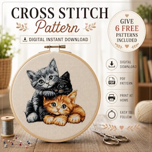 Kattungar räknat korsstygnsmönster | Unik kattälskarepresent | Broderidesign för husdjursporträtt digital nedladdning punto de cruz, point de croix