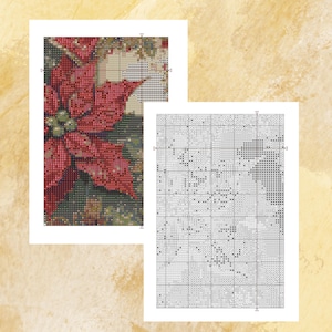 May include: A cross-stitch pattern featuring a poinsettia flower with red petals and green accents. The pattern is displayed next to a black and white chart, likely for a needlepoint project. The design is on a white background.