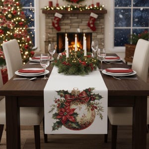 May include: A Christmas dining table set for a festive meal. The table is set with white plates, red napkins, and wine glasses. A white table runner features a Christmas ornament design with a red bow, holly, and poinsettia. A candle wreath sits in the center.
