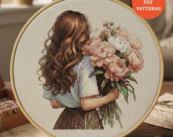 Girl with Flowers Cross Stitch Pattern Peony Bouquet  PDF Pattern Digital Download punto de cruz, point de croix