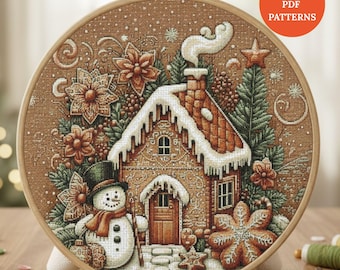 Christmas Gingerbread Man House Cross Stitch Pattern - Christmas Snowman Winter Scene Digital PDF Download