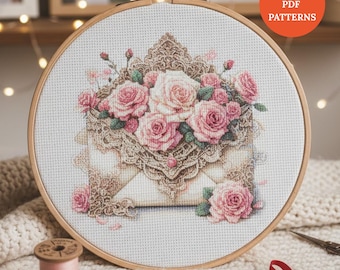 Valentines Day Cross Stitch Pattern PDF Vintage Eternal Roses Romantic Letter Envelop with Love Download punto de cruz, point de croix