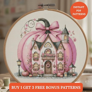 Halloweenby Korsstygnsmönster PDF | Rosa pumpastuga Höstbroderi Nålspetsdiagram punto de cruz, point de croix