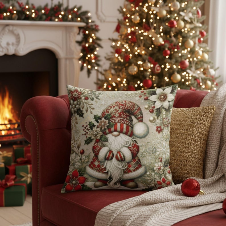 May include: A festive Christmas cushion with a gnome design. The cushion features a red and white patterned hat and coat, and a long white beard. The background is a light beige with floral and snowflake accents. The cushion is on a red sofa.