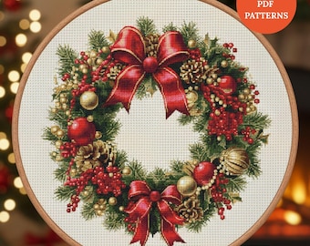 Vintage Christmas Wreath Cross Stitch Pattern | Holiday Decor Embroidery Design | Digital Download punto de cruz, point de croix