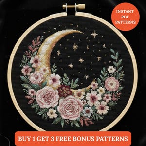 Moon & Wildflowers Cross Stitch Pattern PDF | Botanical Nature Embroidery Needlepoint Chart | Instant Download punto de cruz, point de croix