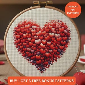 Korsstygnsmönster med hjärtmönster i PDF-format | Broderidesign för alla hjärtans dag-presenter | Nålsticksdiagram punto de cruz, point de croix