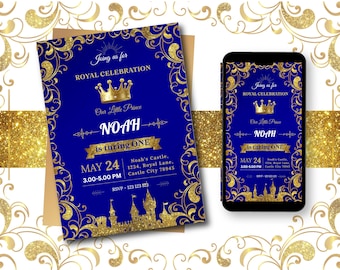 Könnte beinhalten: Eine Einladung zu einer königlichen Feier mit blauem Hintergrund und goldenen Akzenten. Die Einladung enthält den Text "Joining us for ROYAL CELEBRATION" und "Our Little Prince NOAH is turning ONE". Ein Smartphone zeigt das gleiche Design.