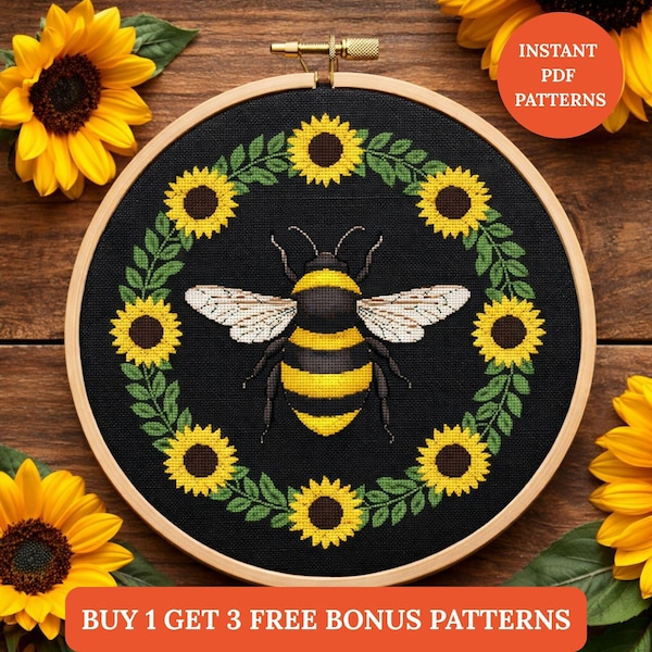 Bee & Sunflower Cross Stitch Pattern PDF – Cottagecore Floral Embroidery – Farmhouse Decor Digital Download punto de cruz, point de croix