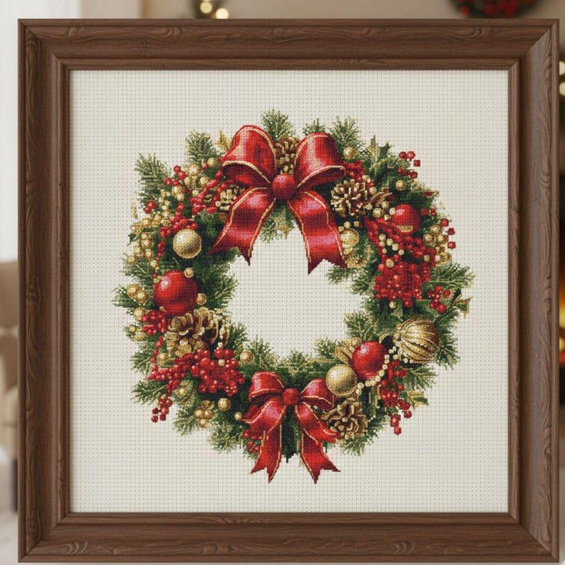 May include: A framed cross-stitch of a Christmas wreath. The wreath features red bows, berries, and ornaments, along with pinecones and greenery. The frame is a dark brown color.