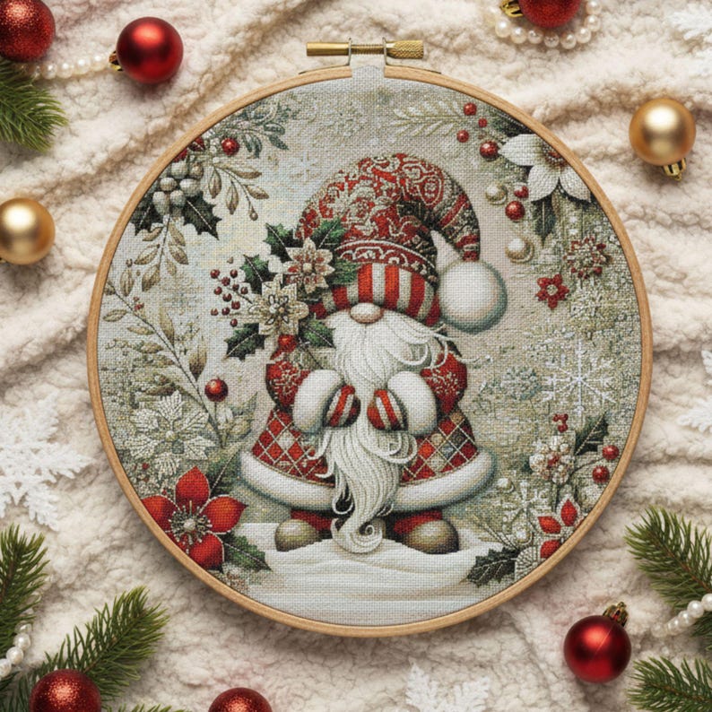 May include: A cross-stitch embroidery hoop with a festive Christmas gnome design. The gnome is dressed in a red and white patterned outfit, complete with a long white beard. The design incorporates snowflakes, holly, and poinsettias. The wooden hoop is surrounded by Christmas baubles and decorations.