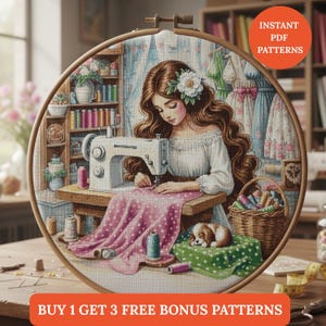 Puede incluir: Un bastidor de bordado de punto de cruz con una mujer cosiendo en una mesa con una máquina de coser. La imagen incluye una tela rosa con lunares, carretes de hilo y un cachorro durmiendo. El texto dice "Instant PDF Patterns" y "BUY 1 GET 3 FREE BONUS PATTERNS."
