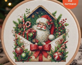 Patrón clásico de punto de cruz de Papá Noel en PDF. Diseño de bordado navideño de Papá Noel en sobre. Descarga digital.