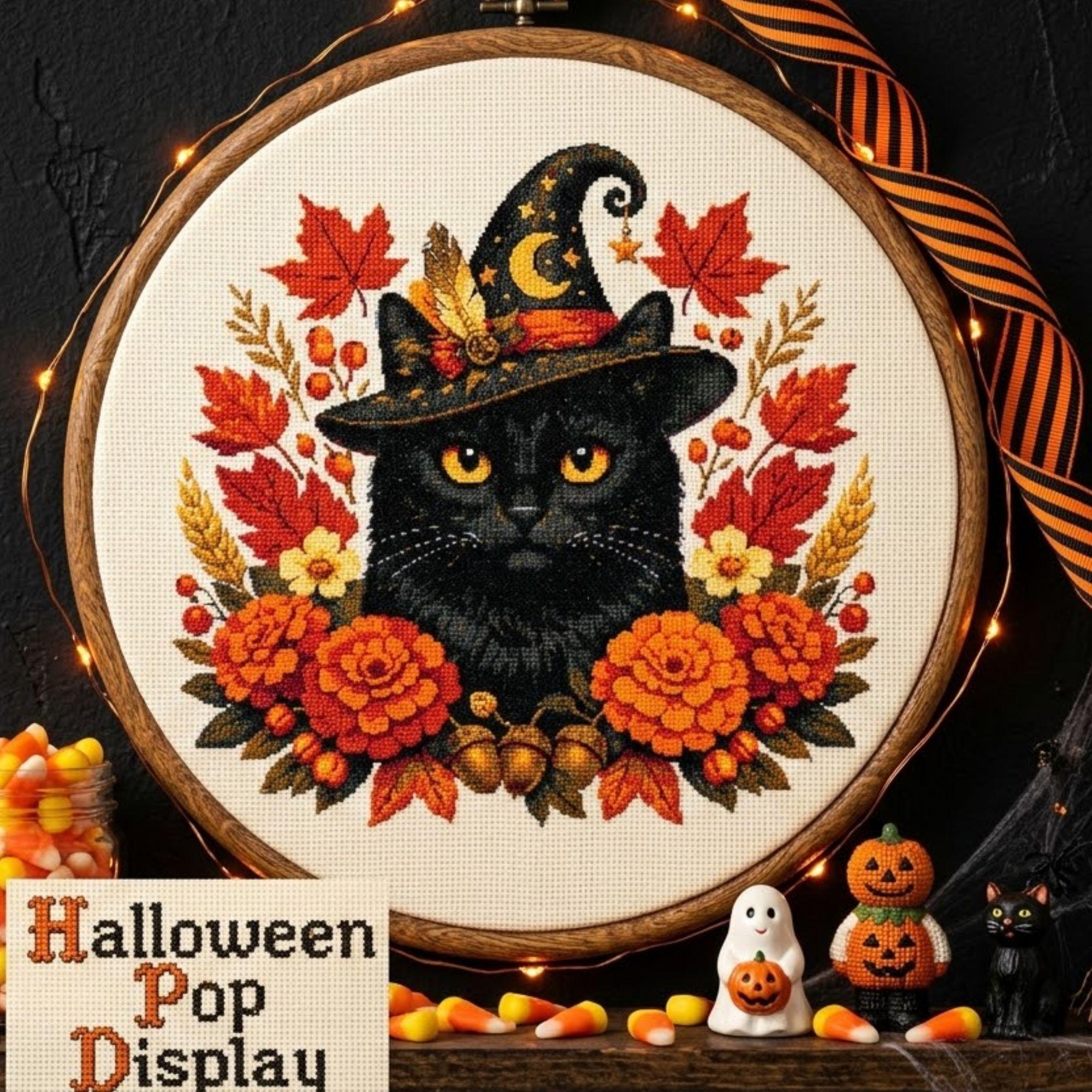 Halloween Black Cat Cross Stitch Pattern PDF - Witch Hat Cat With Fall ...