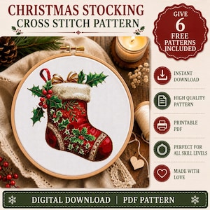May include: A cross stitch pattern featuring a red Christmas stocking with a white fur cuff, decorated with green holly leaves and red berries, displayed in a wooden embroidery hoop. The text includes CHRISTMAS STOCKING CROSS STITCH PATTERN.