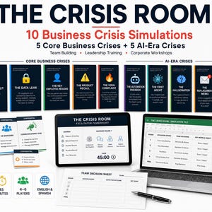 Puede incluir: El kit de simulación empresarial The Crisis Room incluye 10 tarjetas de escenarios sobre crisis básicas y de IA, una presentación PowerPoint para facilitadores, una hoja de decisiones de equipo y un portátil con un temporizador de 45 minutos.