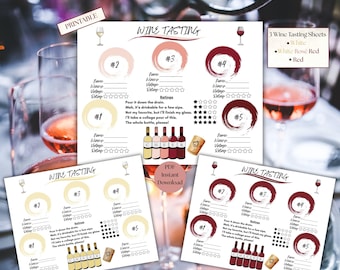 Op de afbeelding: Drie wijnproefbladen als een afdrukbare PDF-download. Elk blad heeft een cirkelvormig ontwerp met nummers en ruimte voor notities. De bladen zijn voor witte, rosé en rode wijnen.