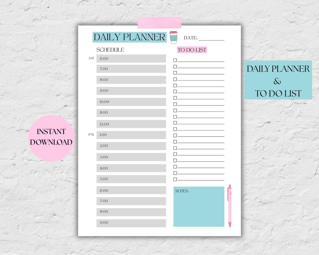 Pink & Blue Daily Planner Printable: Hourly Schedule, To-do List (PDF ...