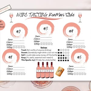 Wine Tasting KonMari Style Printable Sheet, Wine Scorecard Placemat, Blind Tasting Printable For 5 Wines, Girls’ Night, PDF Instant Download