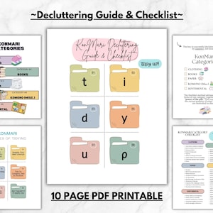 May include: A printable KonMari decluttering guide and checklist with colourful folders and the text "tidy up!"  The guide includes categories for clothing, books, paper, komono (miscellaneous), and sentimental items.  The checklist includes a list of items to declutter in each category.