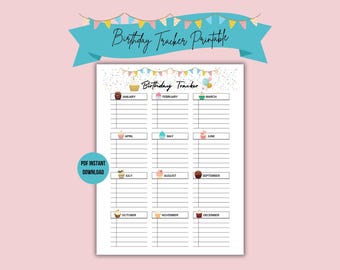 Cupcake Birthday Tracker Printable: Monthly Calendar Reminder (PDF Digital Download)