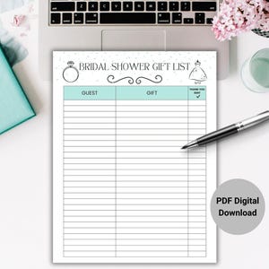 May include: Printable bridal shower gift list with a white background and a light blue header. The header has a ring and a bride in a dress. The list has columns for guest and gift. The text "Thank you sent" is in a check box. The text "PDF Digital Download" is in the bottom right corner.