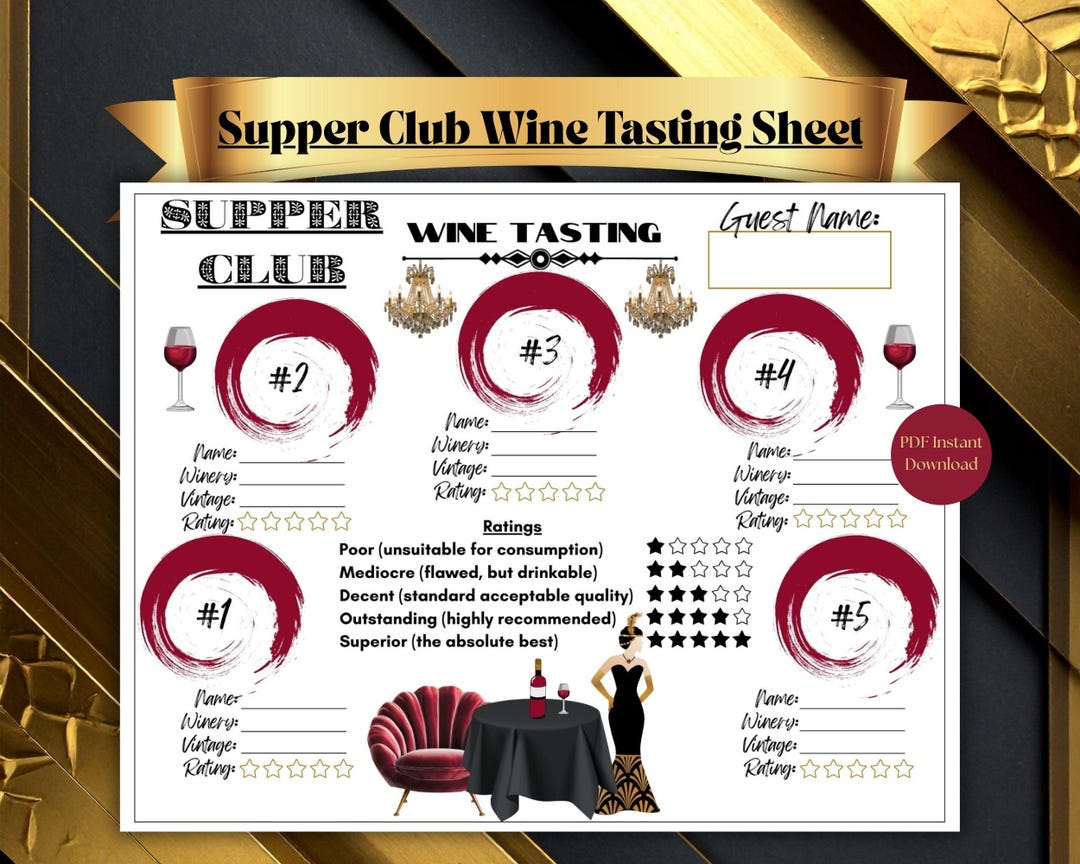 Supper Club Wine Tasting Sheet Scorecard Printable Placemat (PDF ...