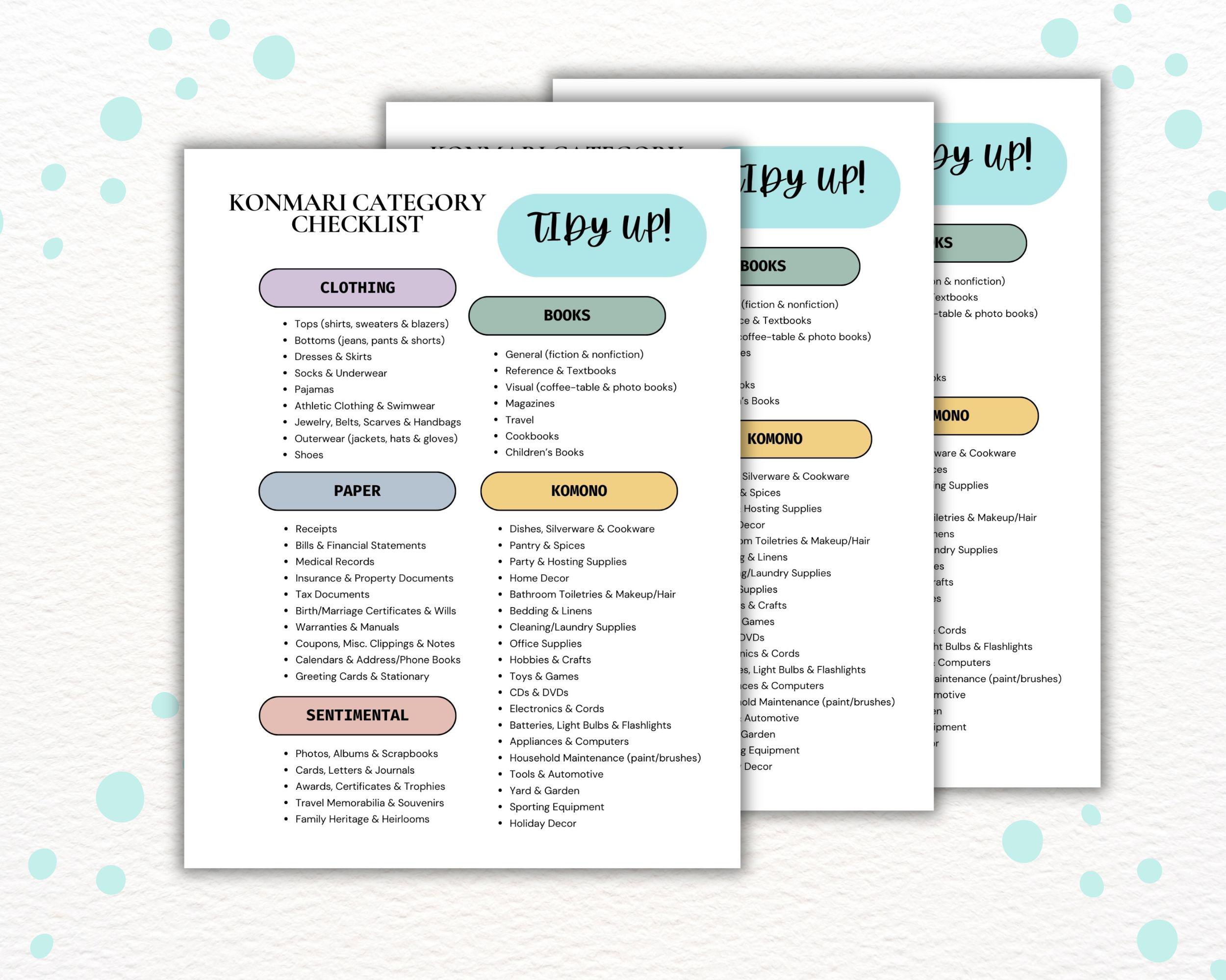 Konmari Tidy up Printable, Marie Kondo Category List, Printable ...
