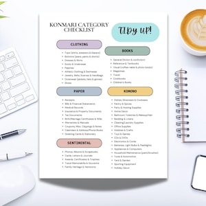 May include: A printable KonMari checklist with categories for clothing, paper, sentimental items, books, and komono. The checklist is titled "KonMari Category Checklist" and "Tidy Up!" in a light blue circle.