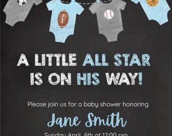 May include: Baby shower invitation with a dark background and the text "A Little All Star Is On His Way!". The invitation features baby onesies with sports ball designs: soccer, football, baseball, and basketball.