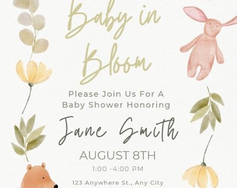 Bebé en flor - Invitación editable para baby shower - Descarga digital
