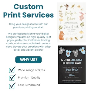 Może przedstawiać: Grafika z tekstem "Custom Print Services" w kolorze turkusowym i białym. Grafika reklamuje profesjonalne usługi drukowania dla cyfrowych szablon&oacute;w projektowych na wysokiej jakości papierze 16 pt. Grafika zawiera r&oacute;wnież listę kontrolną z tekstem "Szeroki wyb&oacute;r rozmiar&oacute;w", "Najwyższa jakość" i "Szybkie wykonanie".