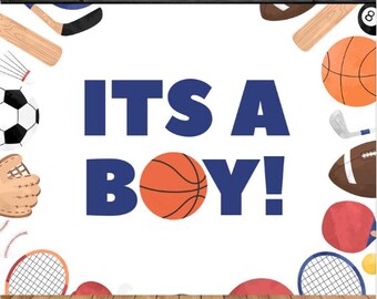 Banner de baby shower con temática deportiva "Es un niño" - 48" x 48" con ojales