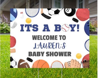 Letrero personalizado para jardín con temática deportiva para baby shower: "¡Es un niño!", 24" x 18" con estaca