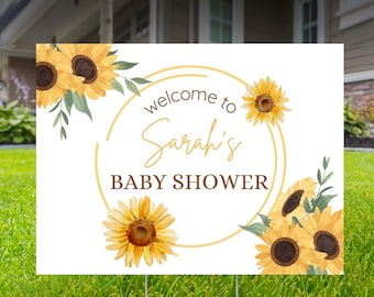 Letrero personalizado para jardín con diseño de girasol de 24" x 18" para baby shower con estaca para escalones