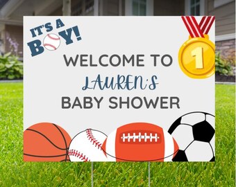 Letrero personalizado para baby shower con temática deportiva, 24 x 18 pulgadas, con estaca