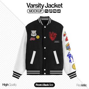 Op de afbeelding: Zwarte varsity jacket met witte mouwen. Voorzien van Route 66 en hart patches, en de tekst "Varsity Jacket". De jas heeft een knoopsluiting, witte strepen op de kraag, manchetten en zoom. De mouwen hebben diverse kleurrijke patches.