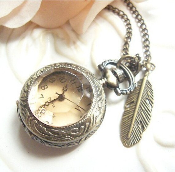 Items similar to Glass Pocket Watch Necklace Antique Brass with