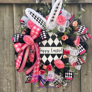 Harlequin Bunny Ear Easter Wreath: Pink, Black, and White Spring Decor