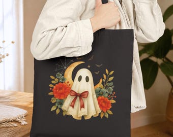 Spooky Cottagecore Fall Tote Bag, Vintage Floral Canvas Tote, Botanical Ghost Garden Bag, Bookish Halloween Gift for Her