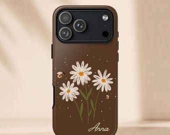 Personalized Floral Phone Case, Custom Name Wildflower Botanical Tough Case, Vintage Cottagecore Case, Brown Aesthetic iPhone & Samsung